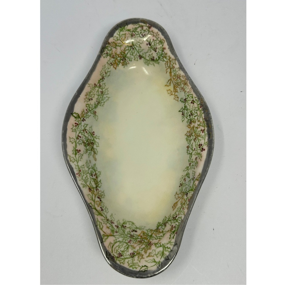 Antique Limoges France Porcelain Holly Berry Dish 1913 Hand Painted Silver Rim